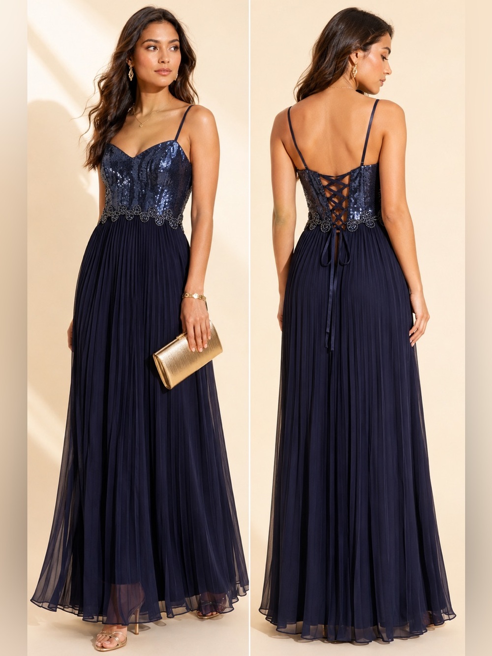 Betsy & Adam Sequin Bustier Pleated Gown Rhinestone Waist Sz 4